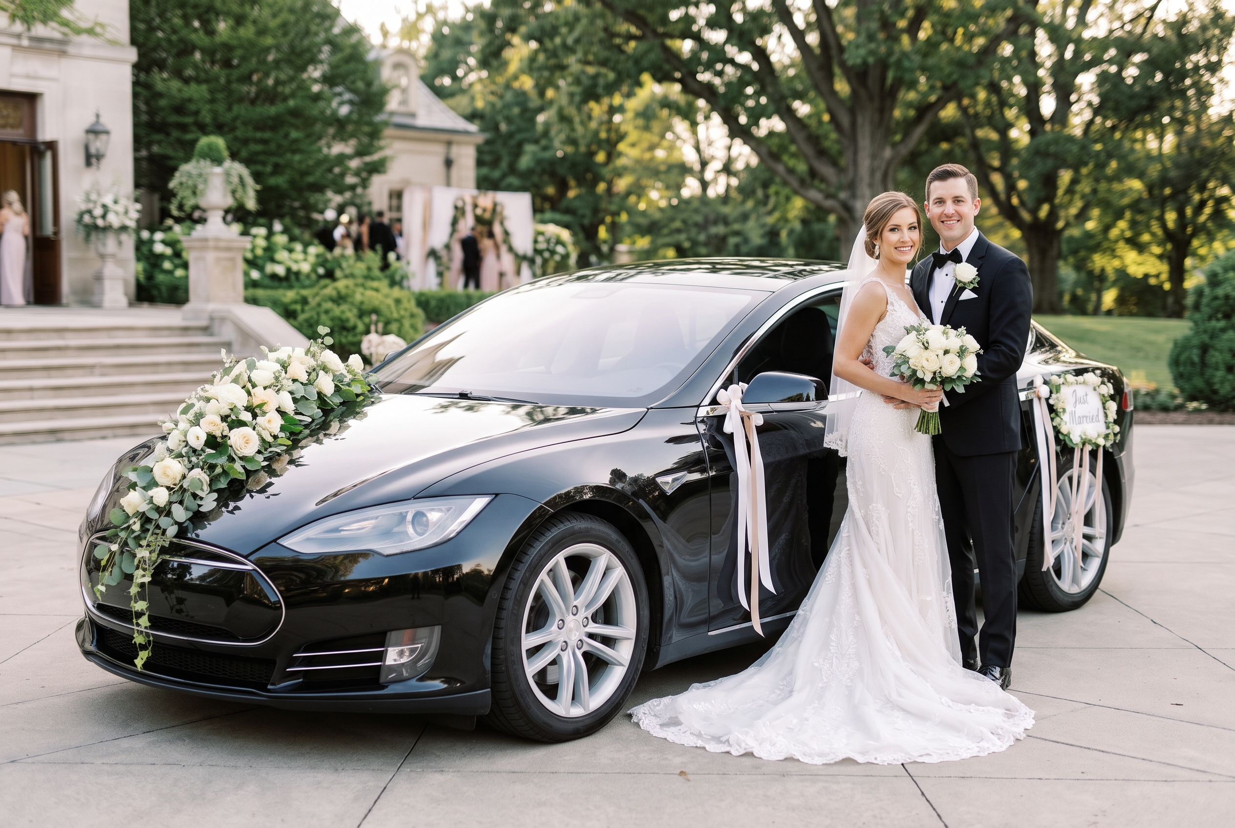 Hochzeitsshuttle München – Brautpaar neben schwarzem Tesla Model S mit weißem Blumenschmuck