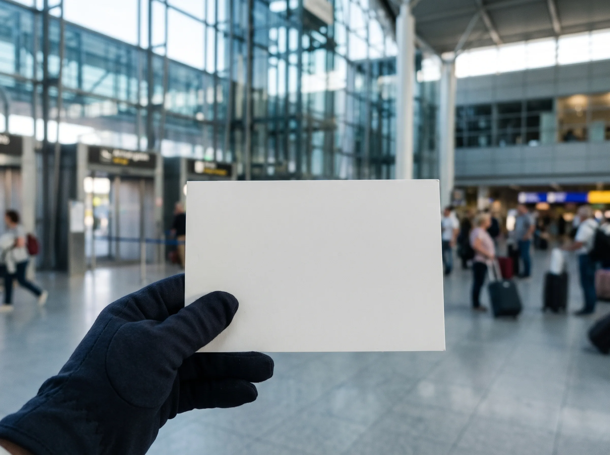 Chauffeur von MUC-Shuttle hält Namensschild in der Ankunftshalle am Flughafen München
