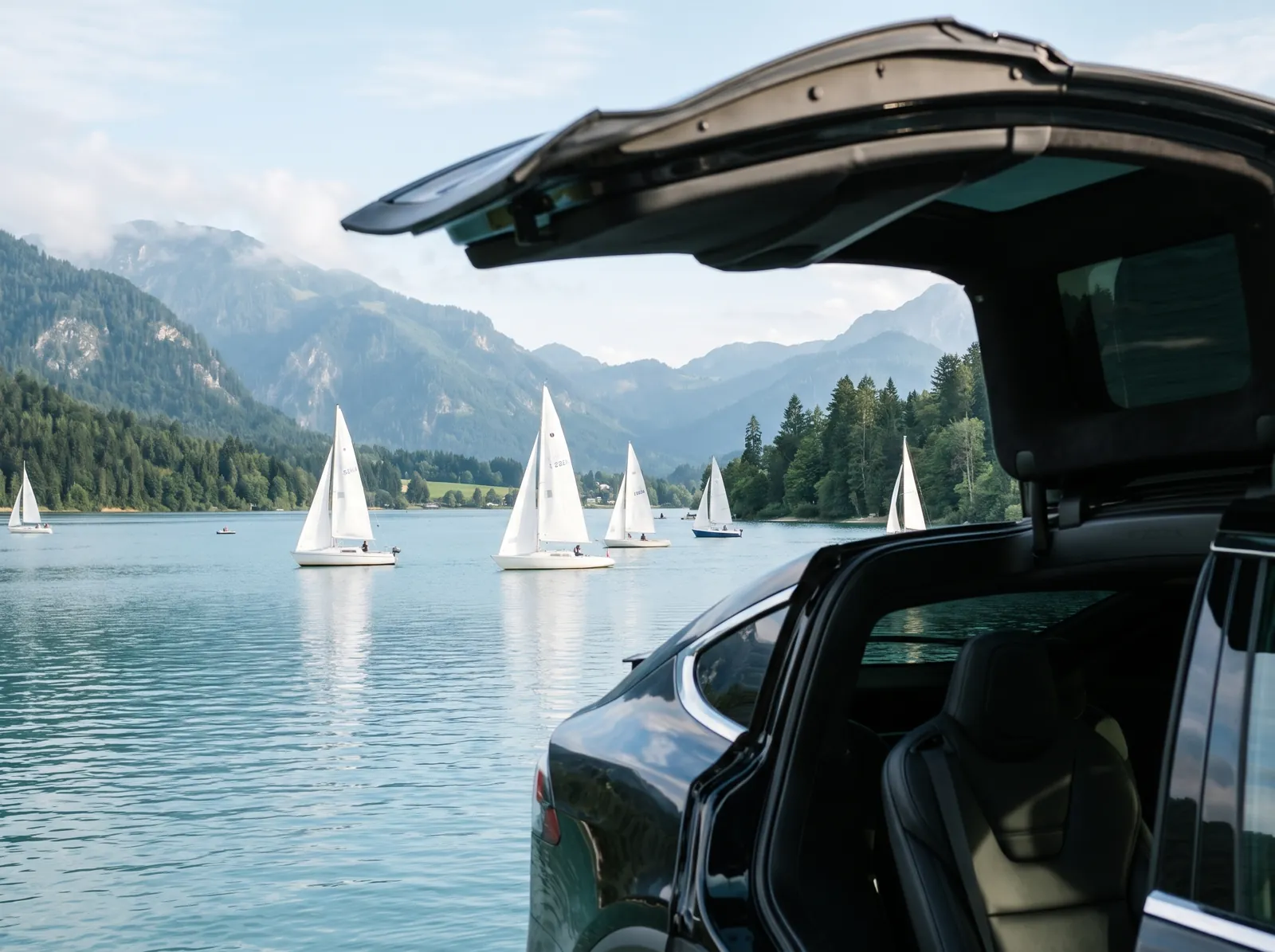Segelboote auf dem Starnberger See, gesehen aus der Elektro-Limousine von MUC-Shuttle